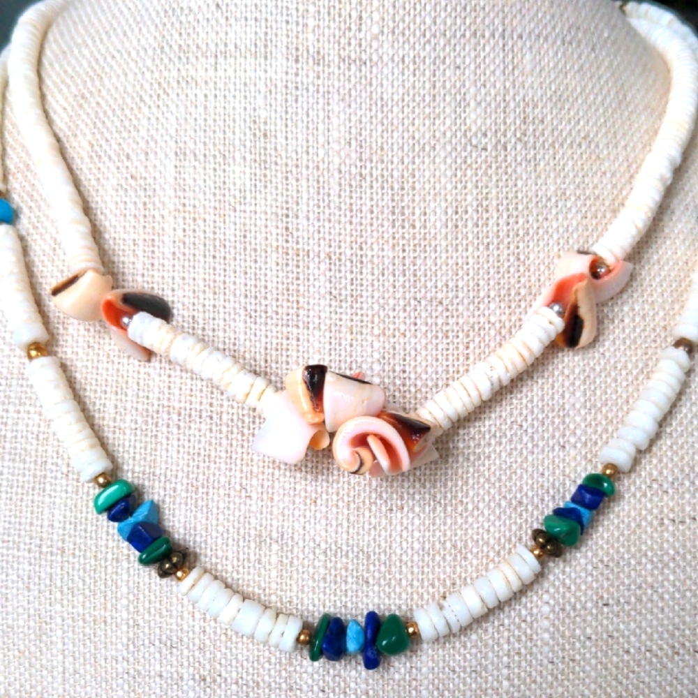 2 Summer Beach Shell Necklaces. New, Light Weight, Dainty Casual, White